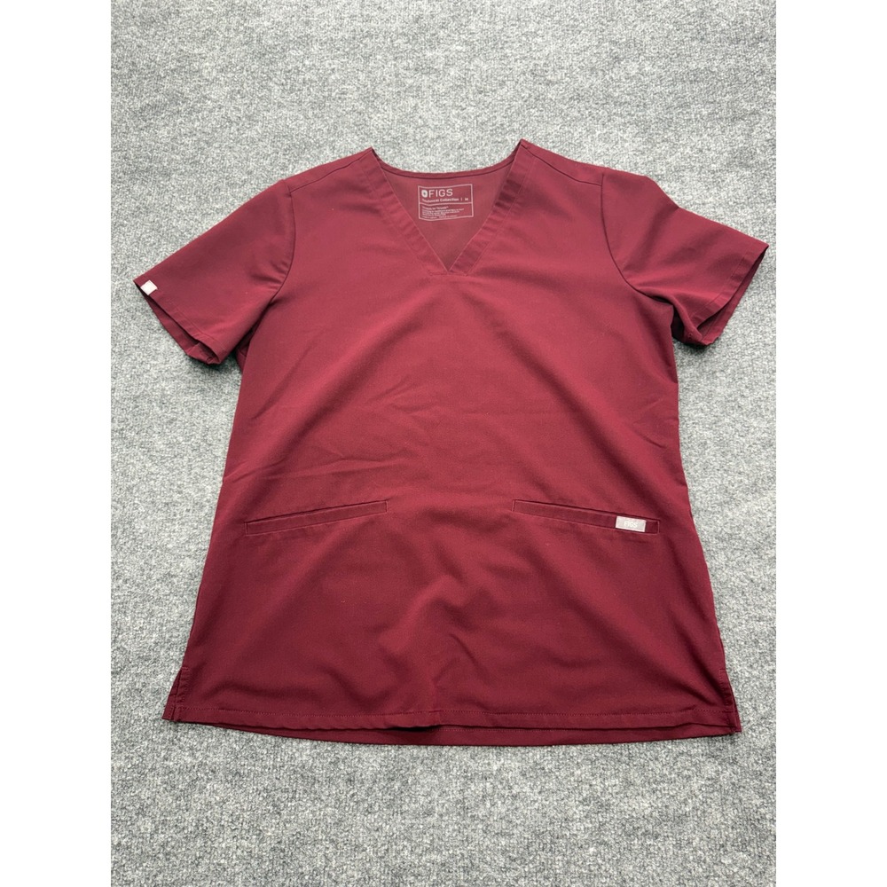 FIGS Technical Collection Womens V-Neck Scrub Top Burgundy Medium Short Sleeve